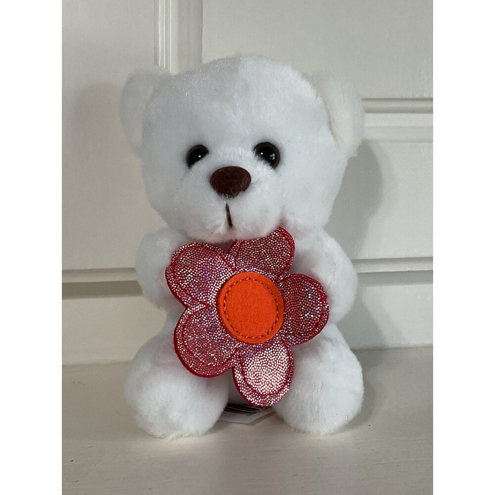 White Plush Teddy Bear With Glitter Flower & Brown Nose Stuffed Toy For Ages 4 &